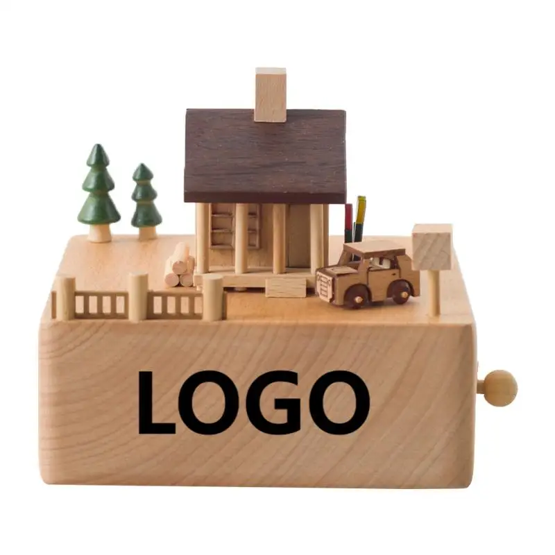 

On Sale Laser Carved Forest Small House Music Box Wooden For House Decoration