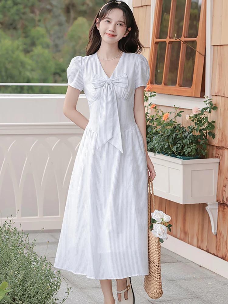 

Women Elegant Bodycon Office Lady Dress Summer White Striped Chic Bow V-Neck Long Dress 2025 Korean Fashion Chic Festival Dress