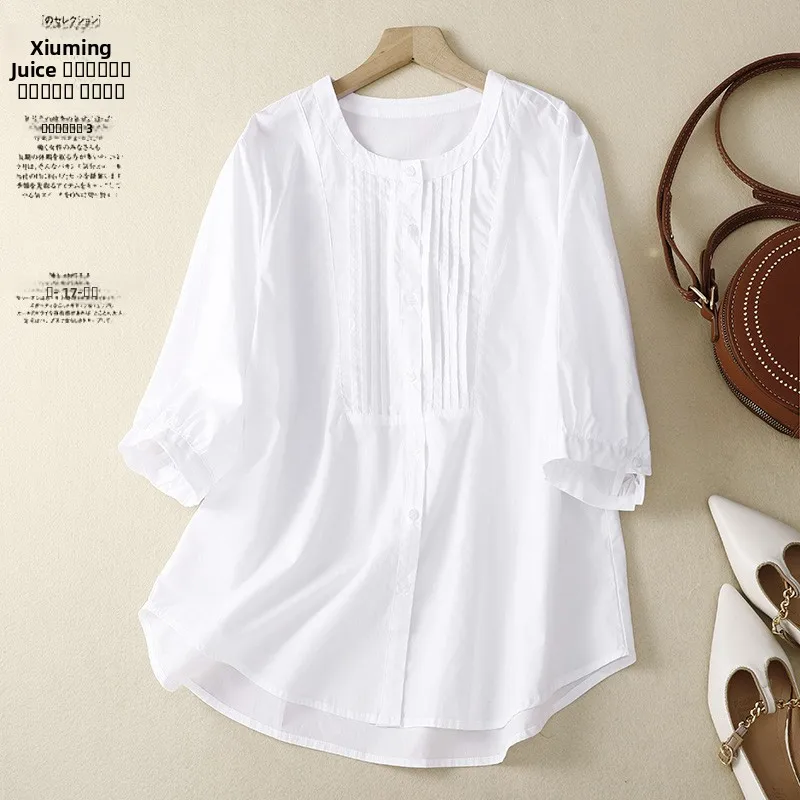 

Белая рубашка свободного кроя, летняя, художественная, с рукавом три четверти, воротником-стойкой, повседневная, больших размеров, женская, из смесового хлопка