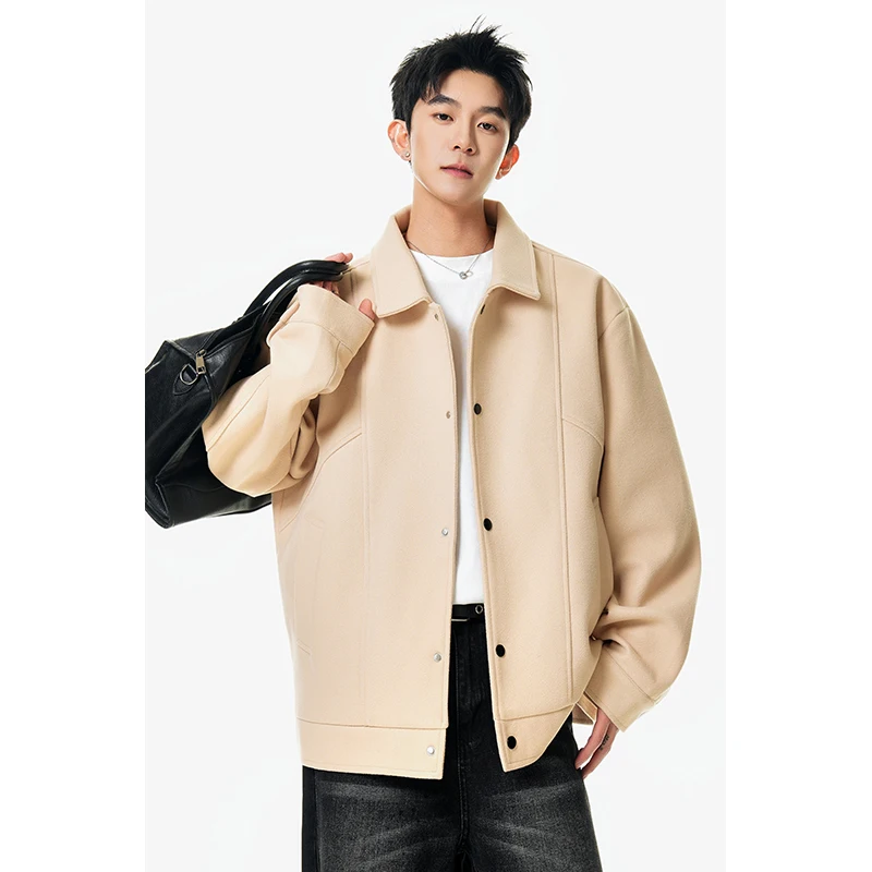 Black/Apricot Men Woolen Coats Autumn Winter New Single Breasted Loose Warm Men's Casual Jackets Turn Down Collar Man Clothes