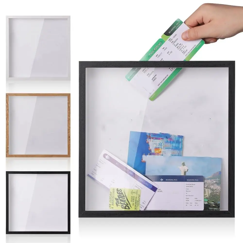 Multifunctional Wooden Adventure Archive Box Transparent with Slot Ticket Shadow Box Square Picture Frame Friends