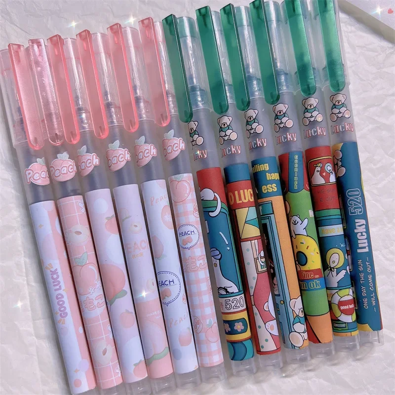 36PCS  Student cute straight liquid pen test smooth neutral pen black 0.5 needle pen peach juice Black Wholesale