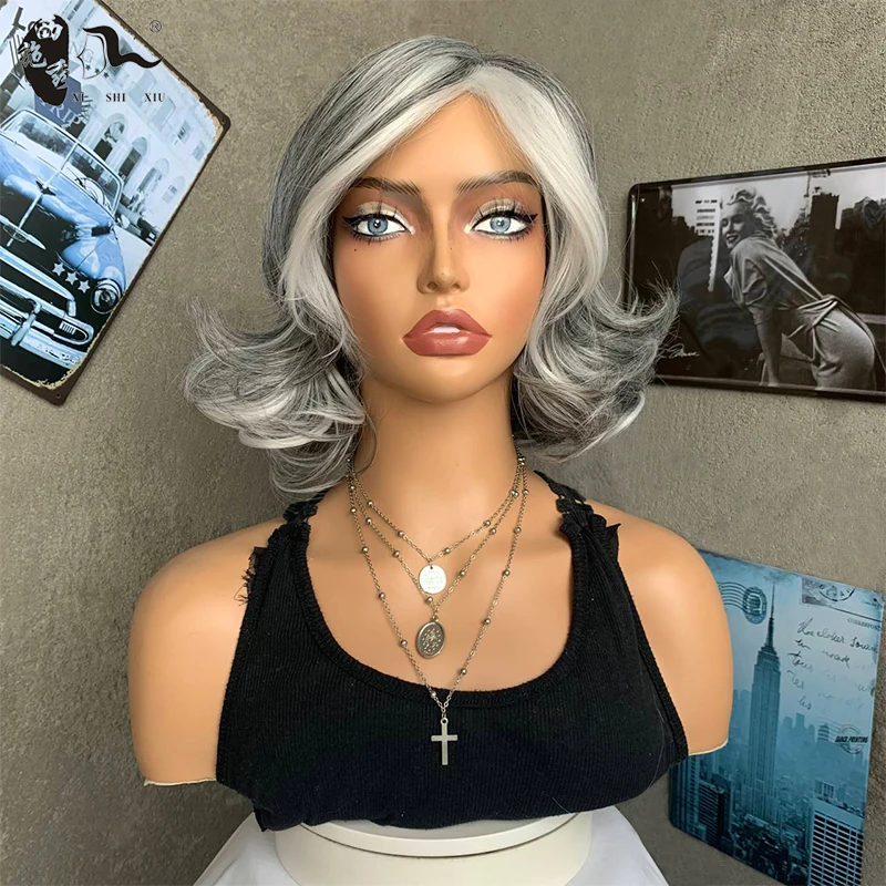 Short Silver Grey Natural Wavy Bob Hair Synthetic Wig For Women Side Part Heat Resistant Fiber Layered Hair Mommy Daily Use Wigs