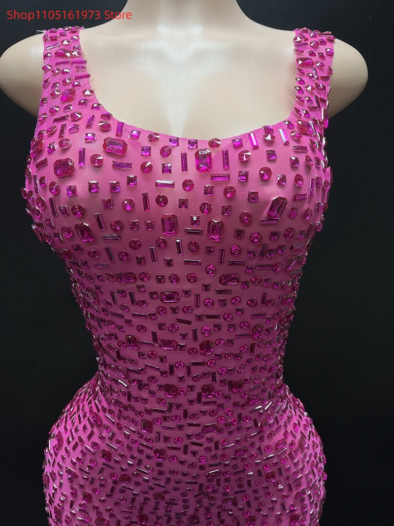 Robe de soirée en maille strass rose, tenue de spectacle sur scène, pour banquet, anniversaire, nouvelle collection