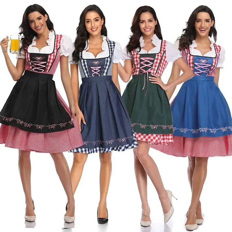 

Traditional German Bavaria Beer Girl Dress Adult Women Oktoberfest Dirndl Carnival Party Maid Costume Dress+Apron Outfit