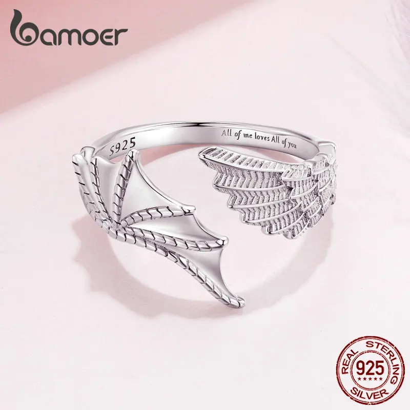 Bamoer 925 Sterling Silver Angel and Demon Wing Opening Ring Lover Adjustable Ring for Women Couple Fine Jewelry BSR376