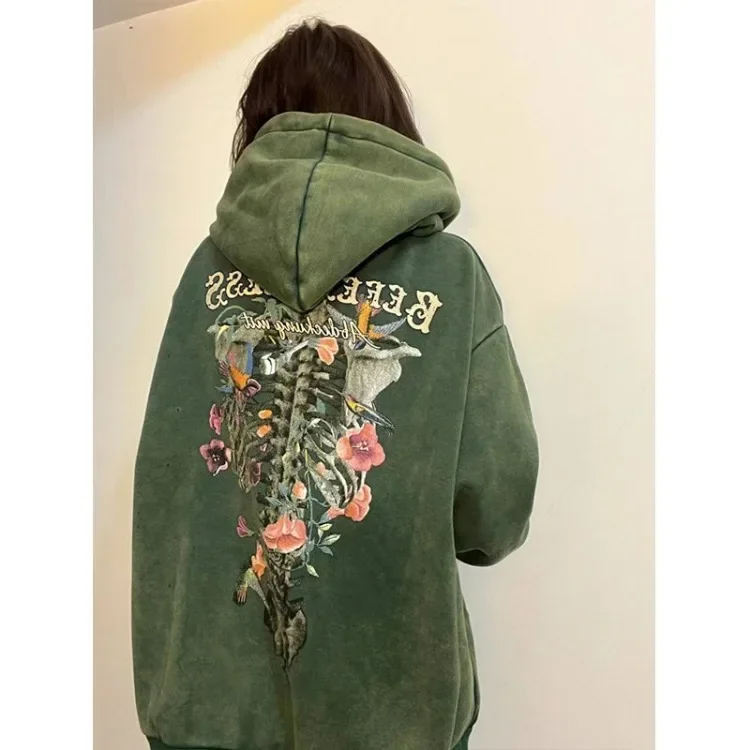 Aesthetic Tops Hoodie Grunge Loose Punk Vintage Sweatshirt Oversized Letter Print Casual Streetwear Floral Embroidery