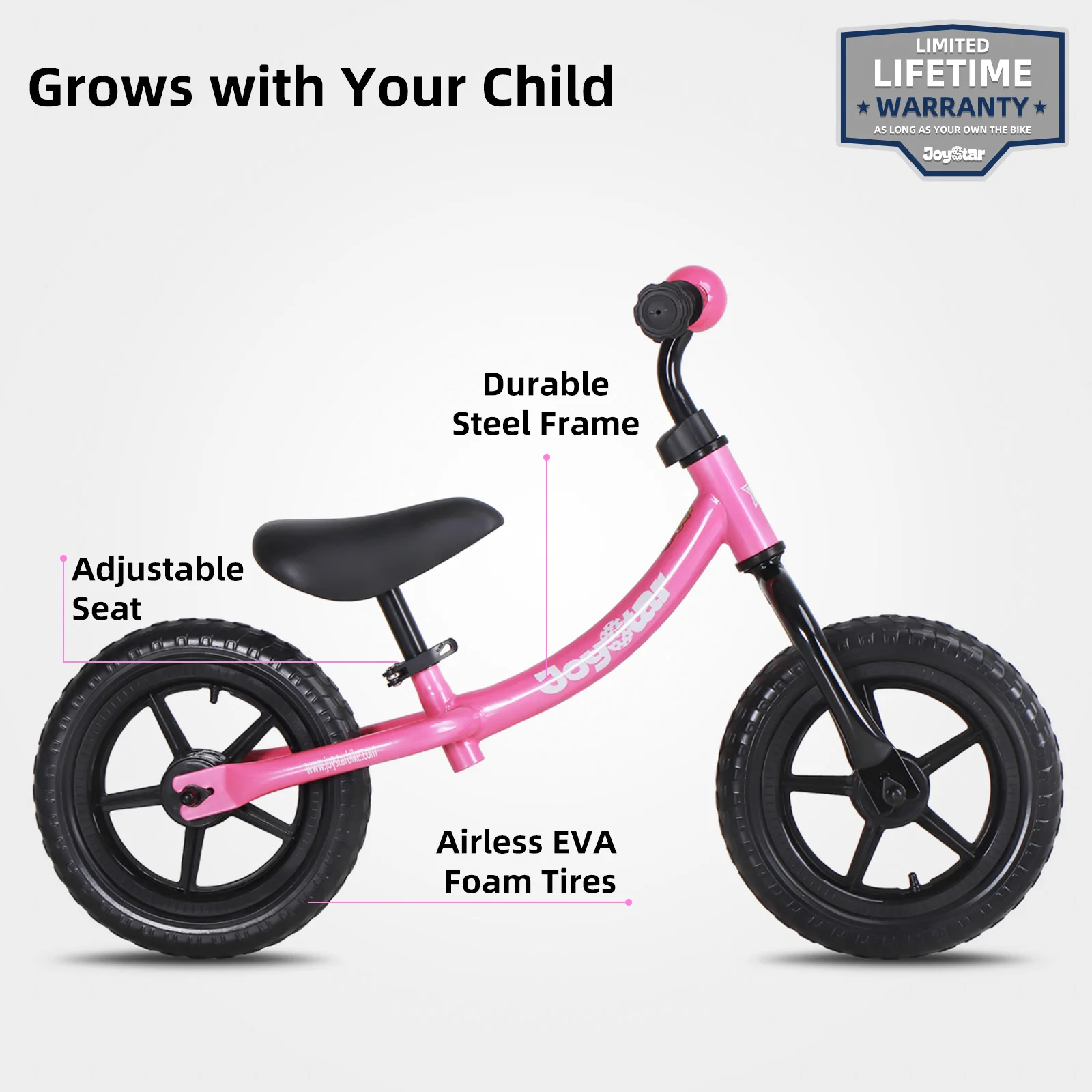 JOYSTAR Bicicleta de equilibrio de 12 pulgadas para niños y niñas de 2 a 5 años, bicicleta de empuje liviana con manillar ajustable, asiento, rosa