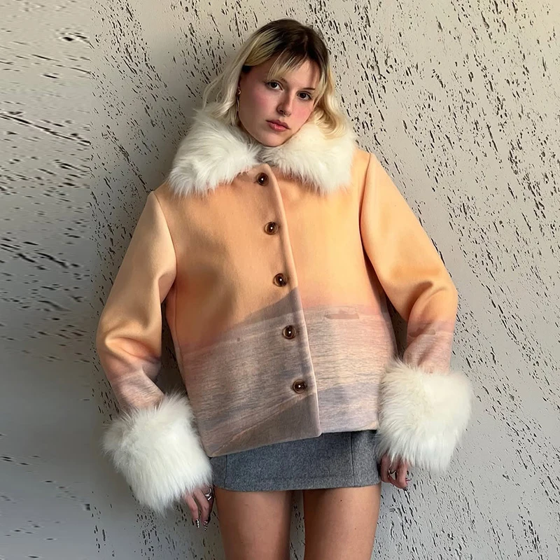 Bedruckte Kunstpelz-Patchwork-Wollkurzmäntel für Damen, Street-Style, Reverskragen, Langarm, Lose Jacke, Herbst-Winter, Schicke Damen-Oberbekleidung, Neuheiten – Detail 1