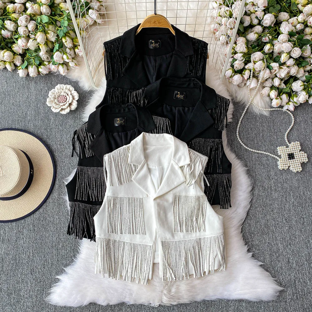 Women Hot Drilling Tassels Waistcoat Turn Down Collar Diamonds Beaded Suit Coat Sleeveless Jacket Sequins Vest Fringed Tank Tops