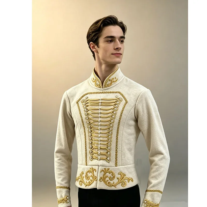 Vintage Royal Court Gold Embroidery Men Ballet Jacket Coat Long Sleeves,Stand Collar Male Balet Clothes Stage Cosplay Costume