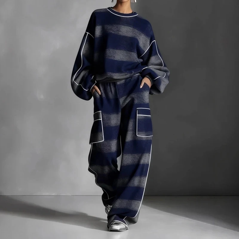 

Autumn Winter New Pocket Pants Commute Two Piece Fashion Contrast Color Pullovers&Pants Sets Casual Loose Women's Sportwear Sets