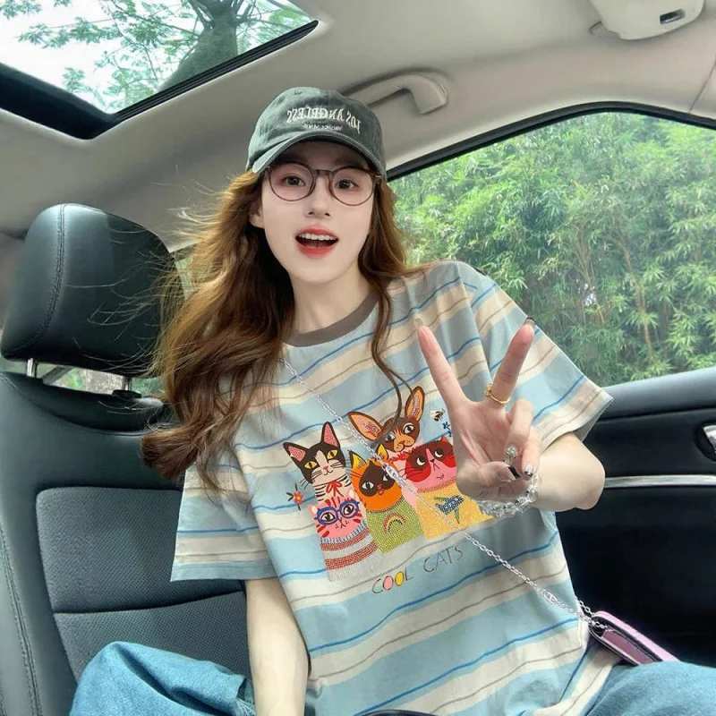 

Color Block Striped Loose Fit Women's T-Shirt