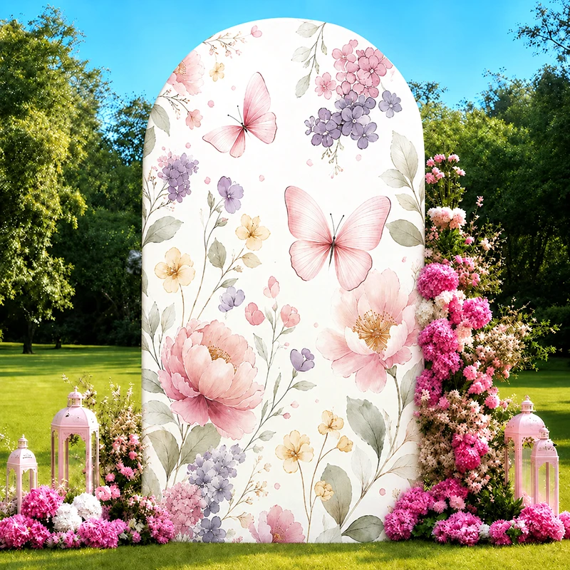 

Watercolor Floral Butterfly Arch Backdrop Cover Pink Peony Elastic Fabric Birthday Spring Wedding Bridal Baby Shower Photo Booth