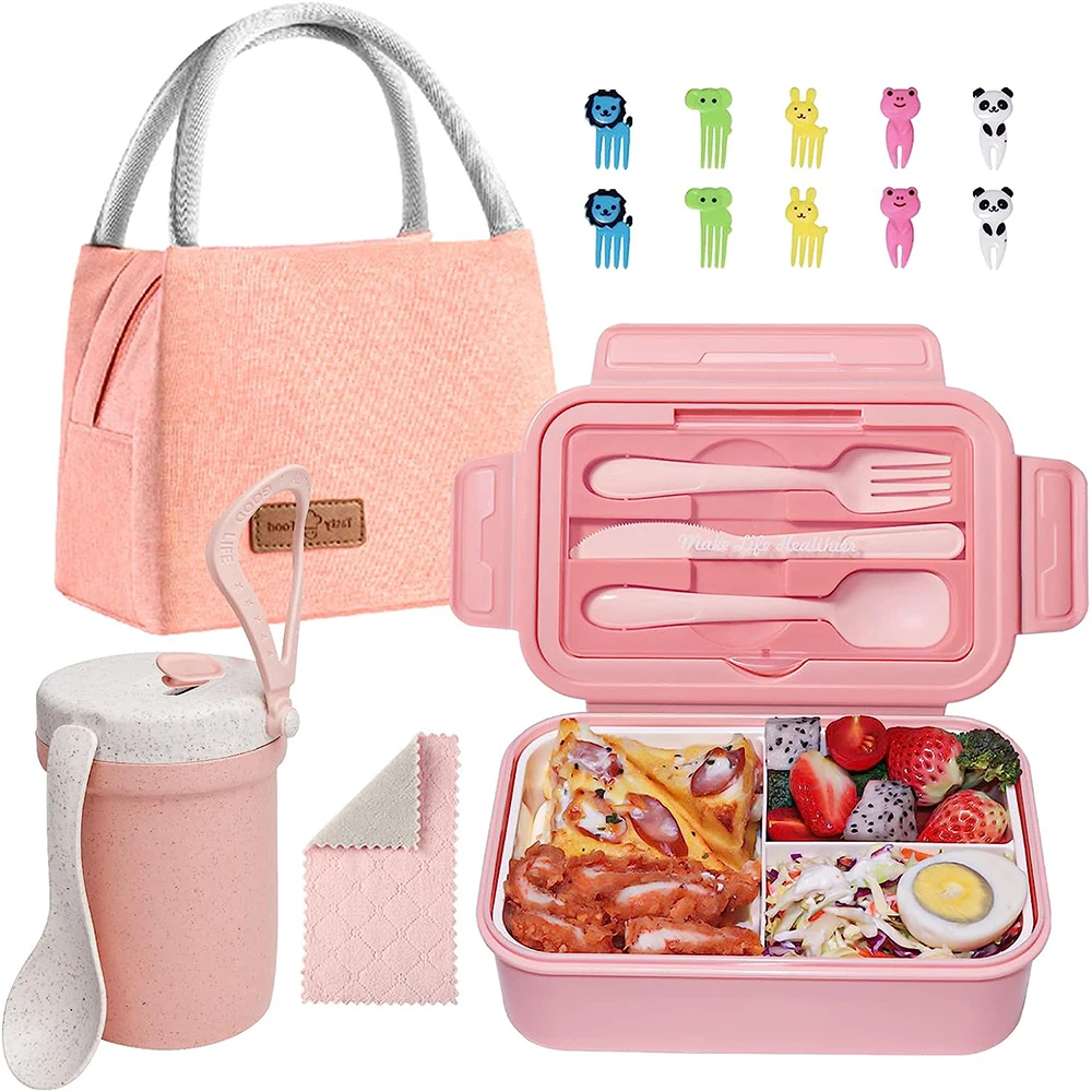 

Bento Lunch Box Container Leak-proof Lunch Box For Kids Adults Teens School With 3 Compartments Cup Lunch Bag Spoon Fork