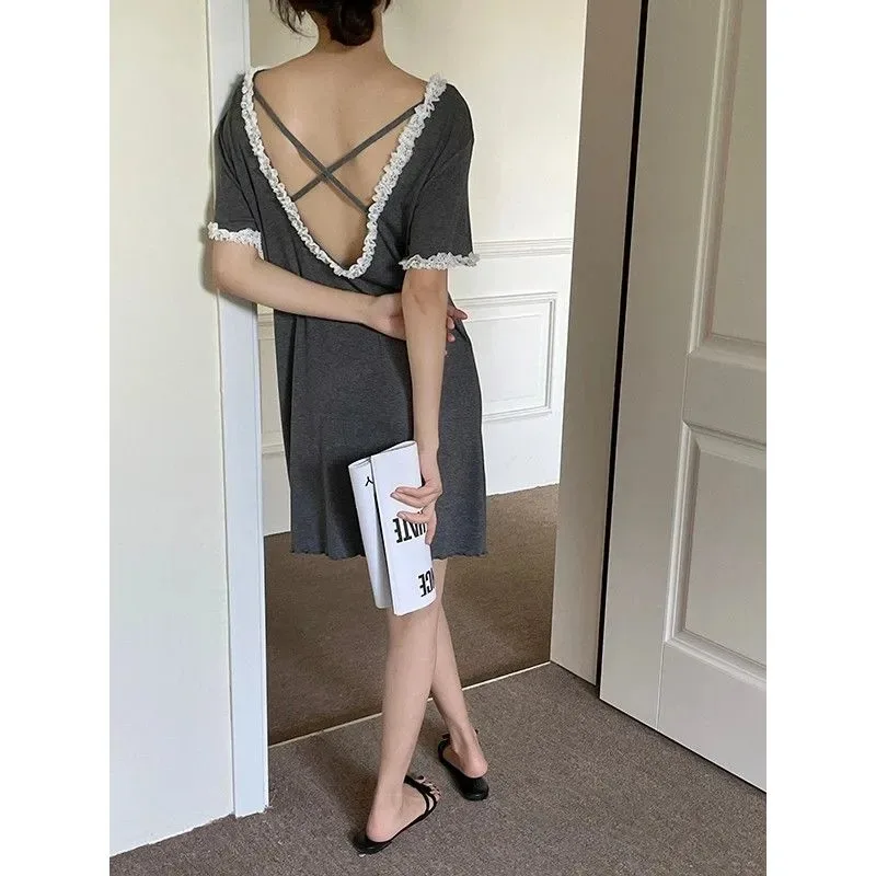Women's Modal Lace Trim Nightgown Criss Back Loose Sleepwear Summer