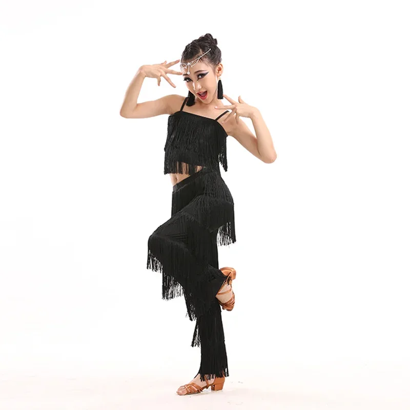 Kids Latin Dance Costumes Ballroom Plus Size Fringe Tassel Dress Pants Girls Sequin Salsa Samba Children Stage Outfits Costume