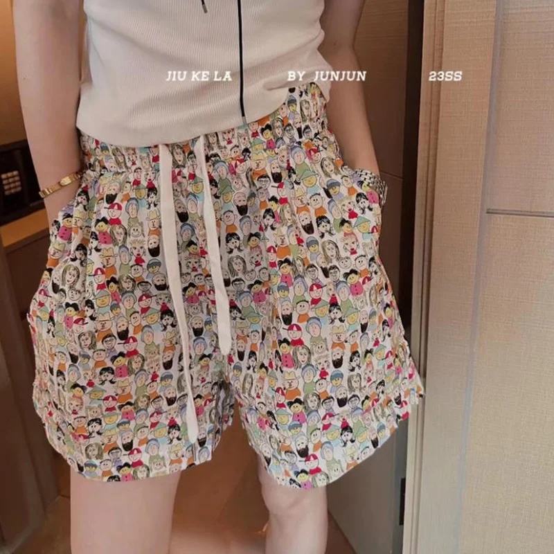 Elastic Waist Drawstring Ladies Printing Shorts Summer Comfortable Fashion Women Clothing Young Style Straight Wide Leg Pants