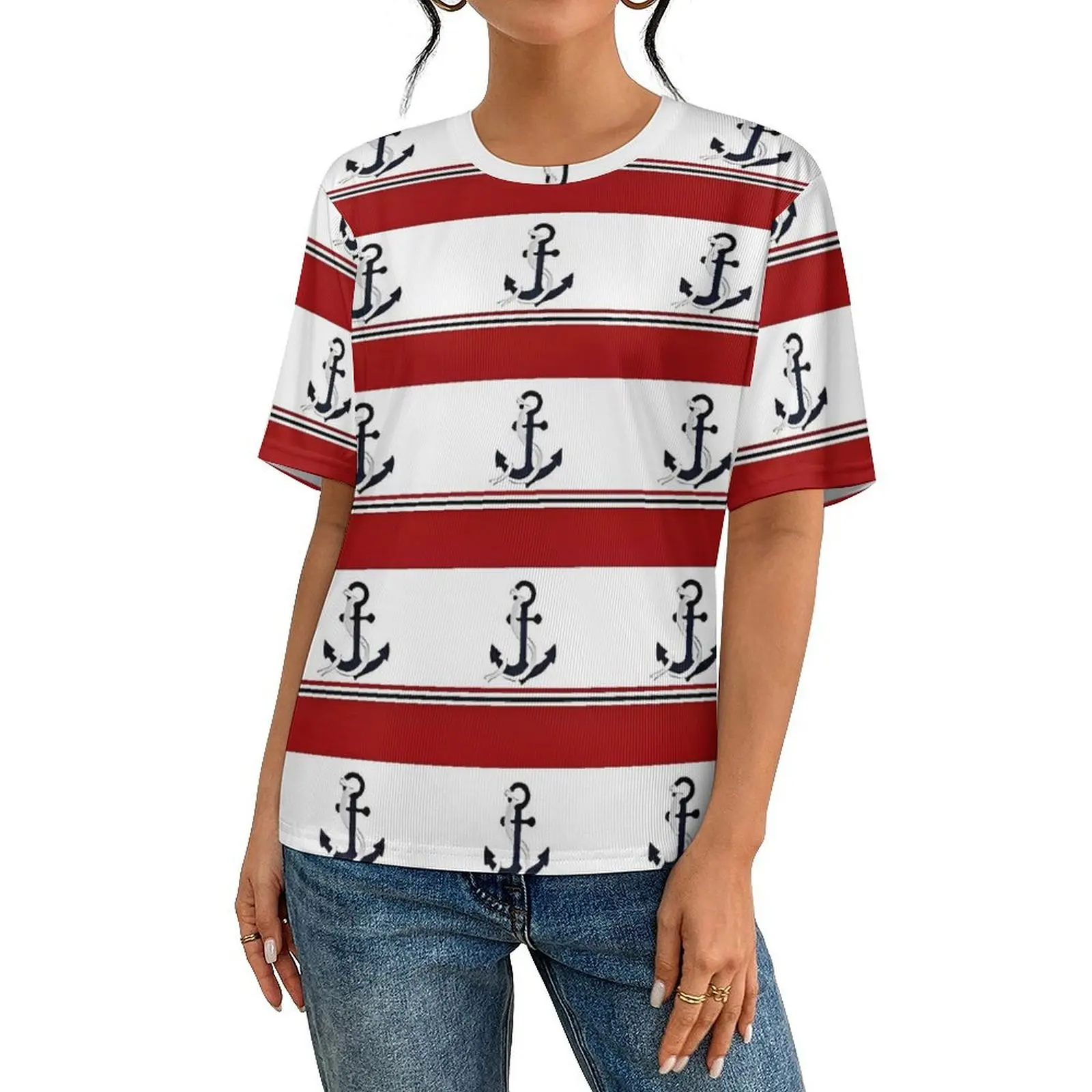 Summer T-Shirt Nautical Anchor T Shirts Red Blue and White Stripes Y2K Casual Cool Tee Shirt For Man Short-Sleeve Oversized Tops