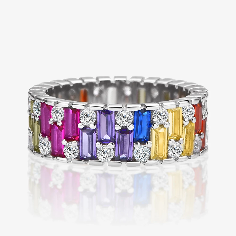 Shop Solid 925 Sterling Silver Fancy VVS Colorful Sapphire Created Moissanite Row Diamond Ring for Women Gift Drop Shipping