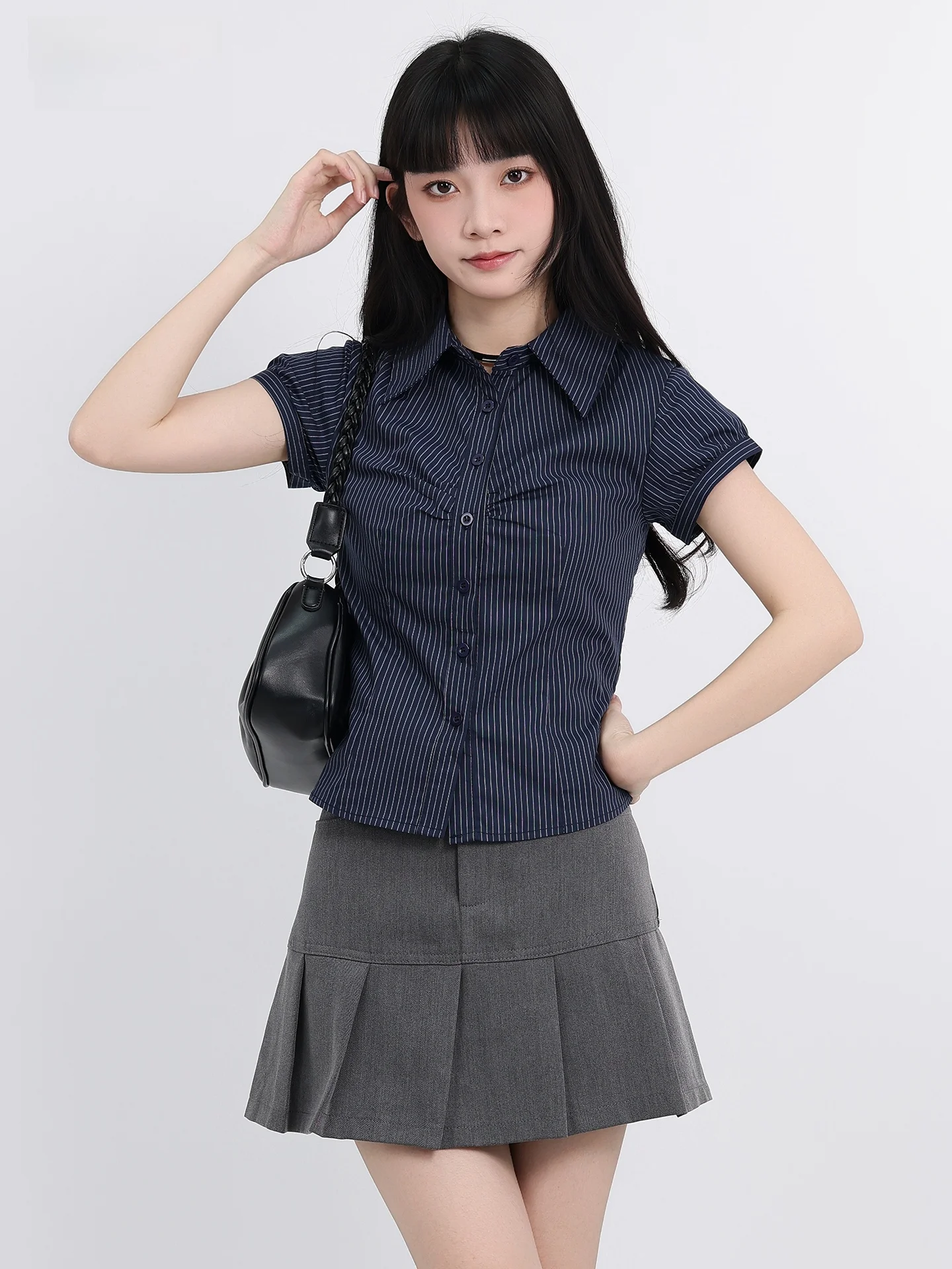 Korean Sle Commuter Retro k Blue Striped ort Sve  irt Women's Summer New Folded oulder Regular Fit irt