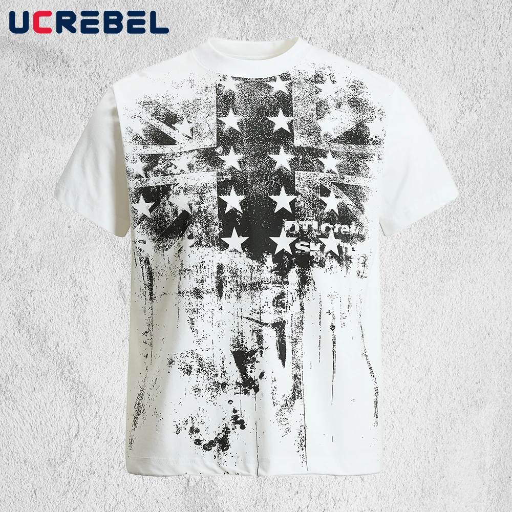 

Мужская летняя футболка с коротким рукавом и ретро-принтом, хлопковая, с круглым вырезом, в стиле High Street