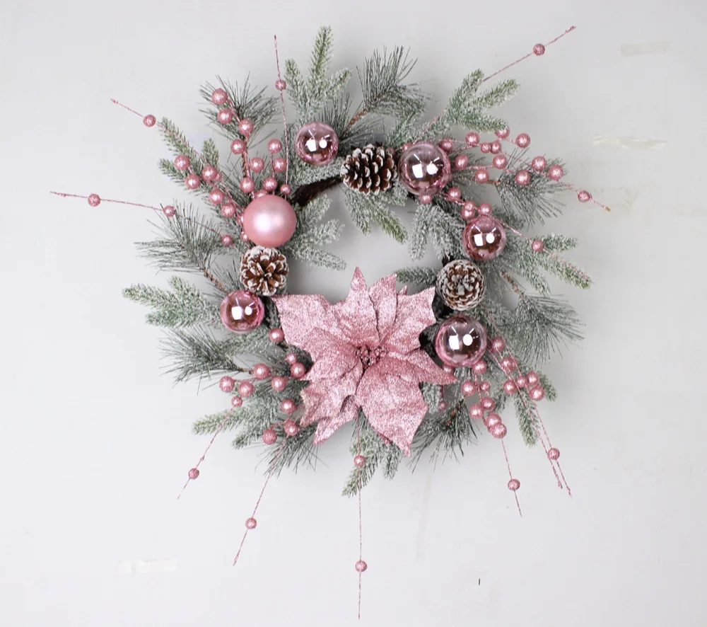 Christmas Pink Wreath with Balls Artificial Plant Rattan Garland Christmas Rattan Hanging Ornament for New Year party Home Decor