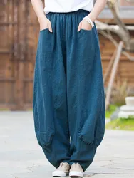 High Waist Cotton Linen Bloomers Pants Women New Arrival 2024 Autumn Vintage Style Solid Color Loose Female Casual Trousers M362
