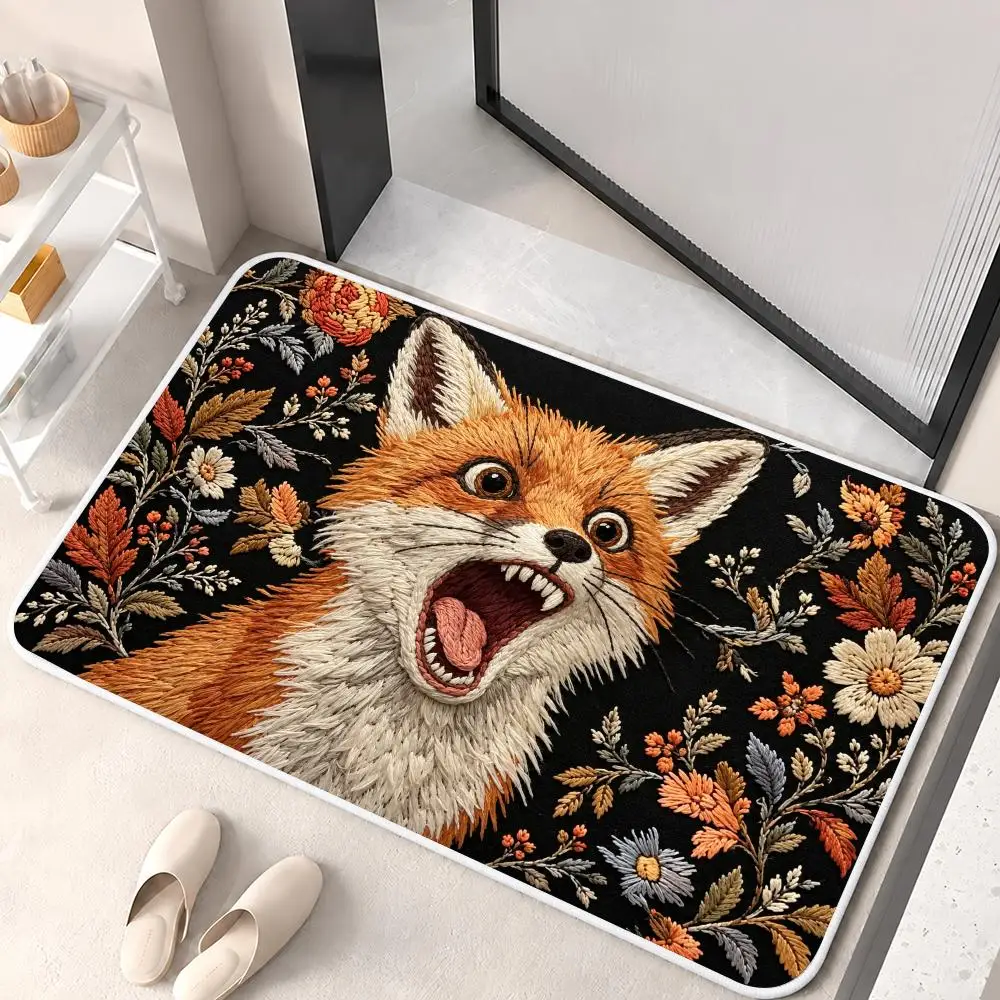 Flower Embroidery Wild Creatures Floor Mat Flannel Rug Soft Non Slip Washable Door Mat for Bathroom Bedroom Kitchen Home Decor