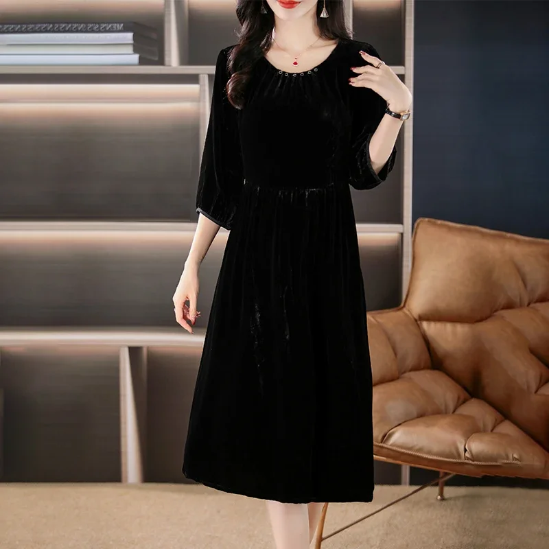 

Женское осенне-зимнее черное бархатное бандажное длинное платье, корейское элегантное роскошное праздничное платье 2025 года, модное шикарное вечернее платье с вышивкой