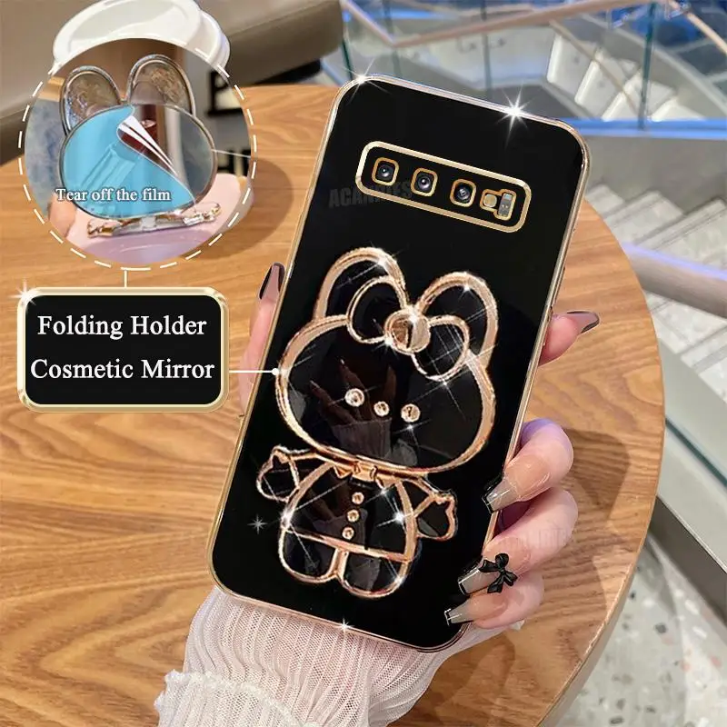 Plating Silicone Mirror Holder Case For Samsung Galaxy S10 S9 S8 Plus S10plus Note8 Silicone Stand Cover S 10 Note 8 9 20 Ultra