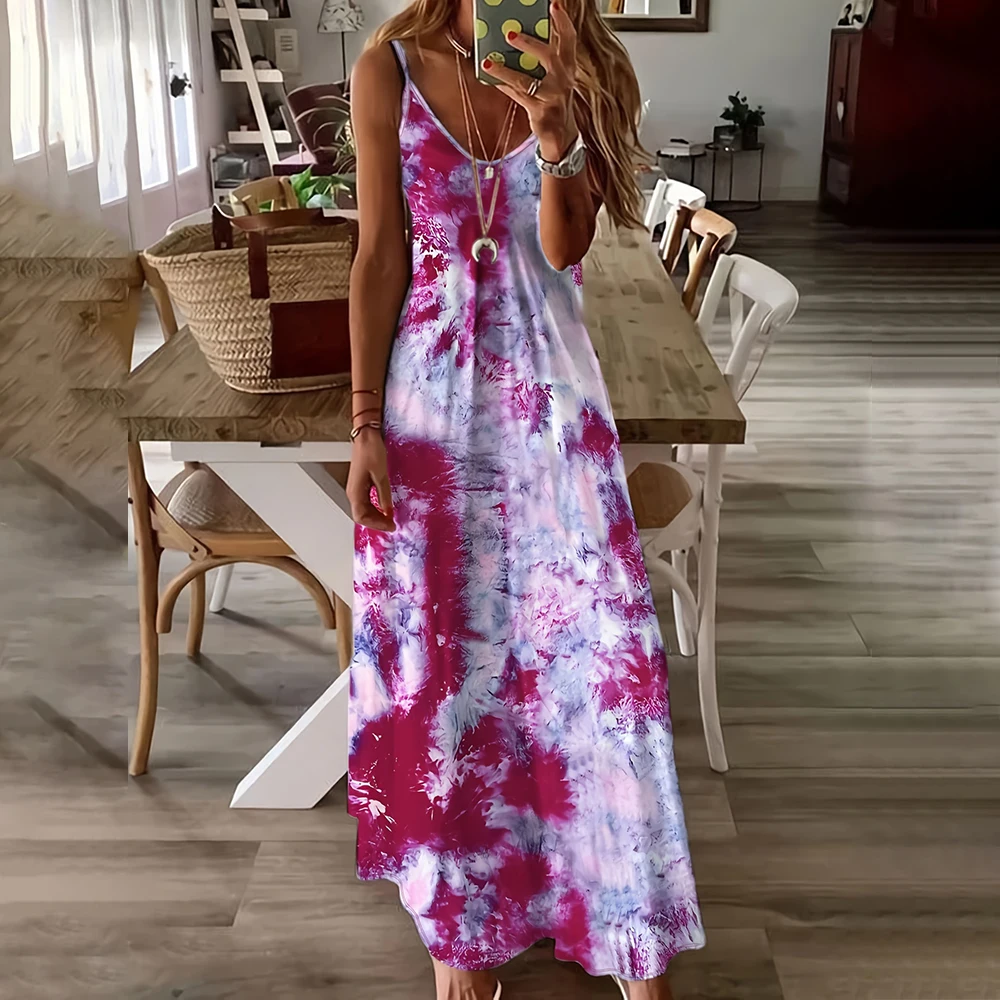 

Women'S Fashion Dress 2024 New Tie-Dye V-Neck Halter Dress Hawaii Beach Vacation Casual Dress Women'S Elegant Maxi Dress