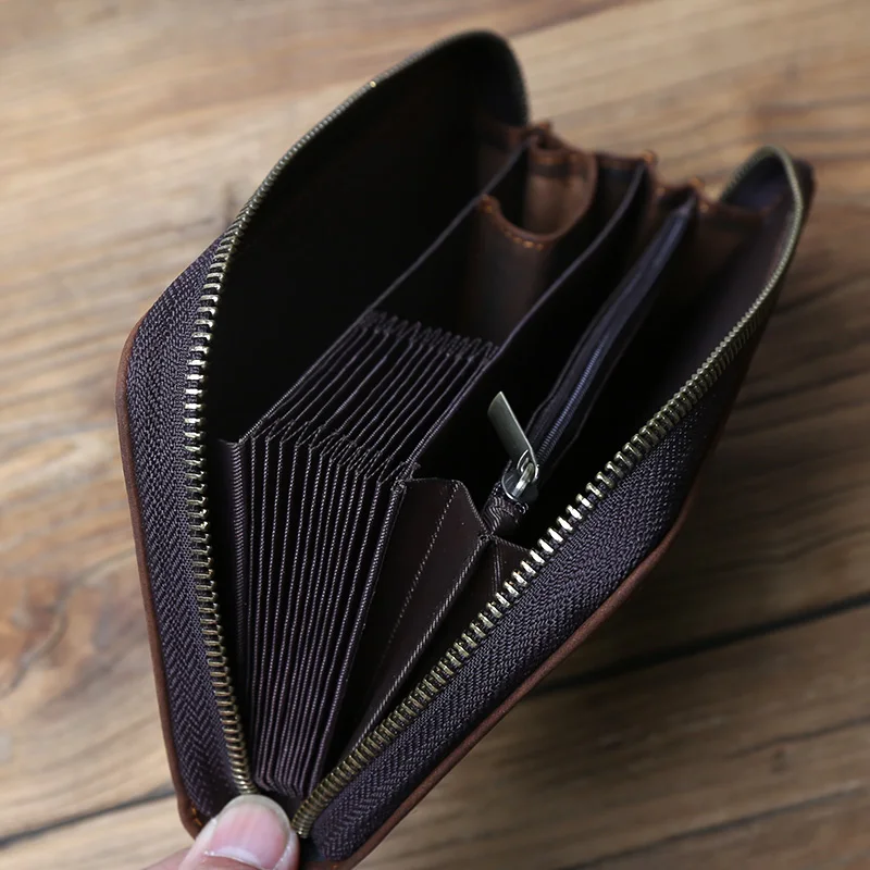 NZPJ Vintage Herren Lange Leder Geldbörse Crazy Horse Leder Handytasche Natürliches Rindsleder Clutch Bag Multifunktionale Geldbörse Kartentasche – Detail 12