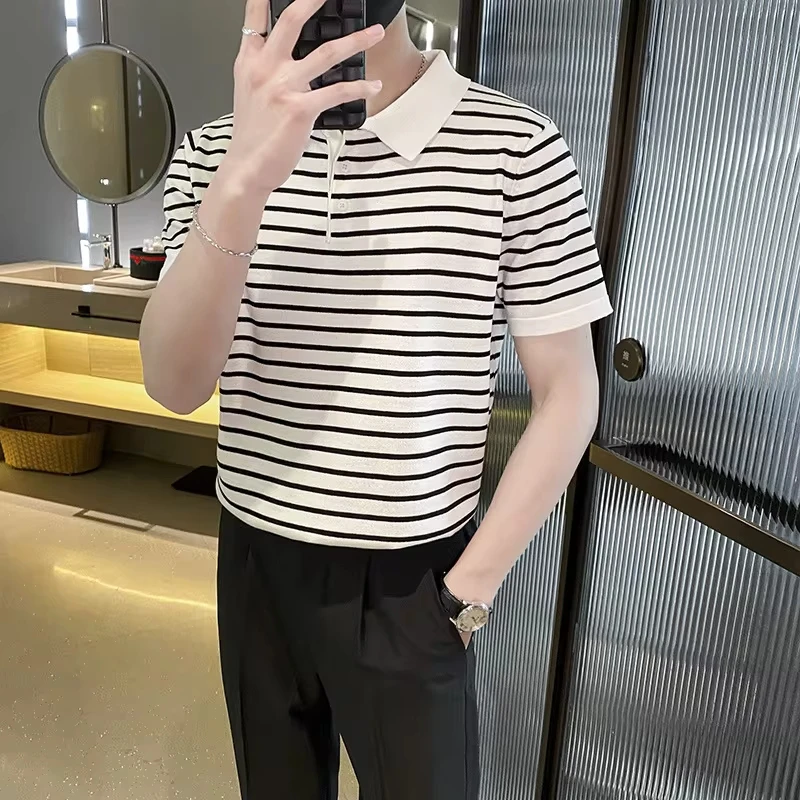 

Summer 2025 New Fashion Men's Striped Color-coded Thin Casual Trendy Turn-down Collar Short Sleeve Knitted Polo Shirts Male Tops
