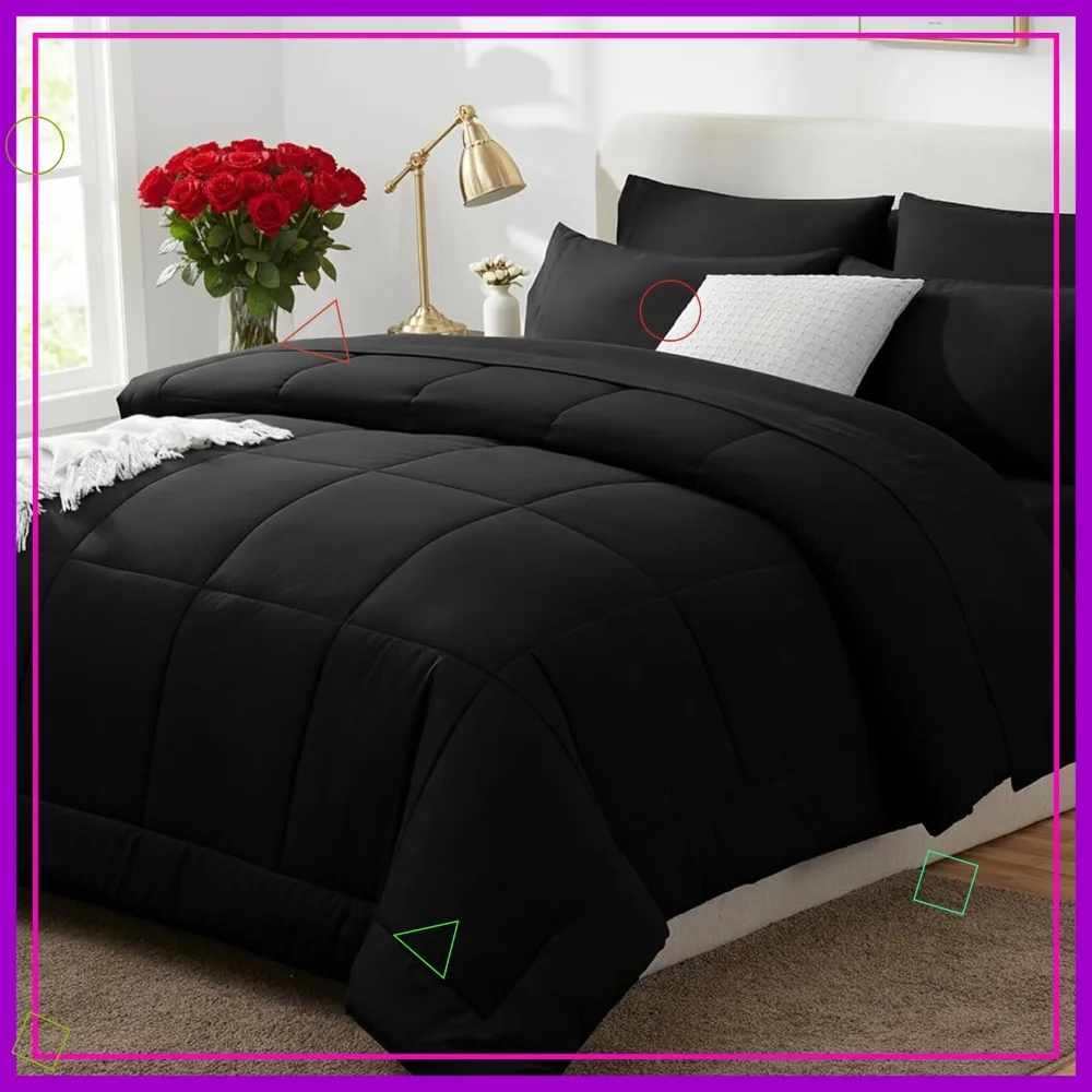 

Комплект постельного белья Queen Size, черный, 7 предметов, всесезонный, с стеганым узором, включает простыни и наволочки