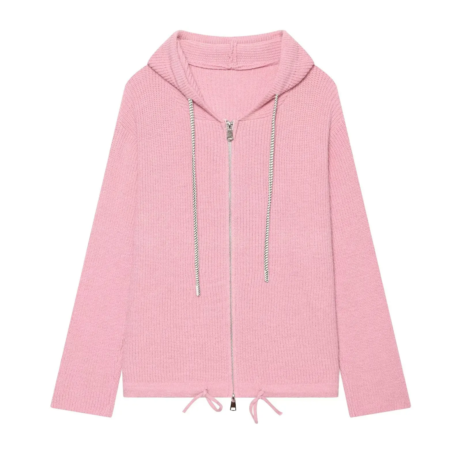 Fashion Women Hooded Zip‑Up Knit Jacket Casual Drawstring Long Sleeve Versatile Cardigan