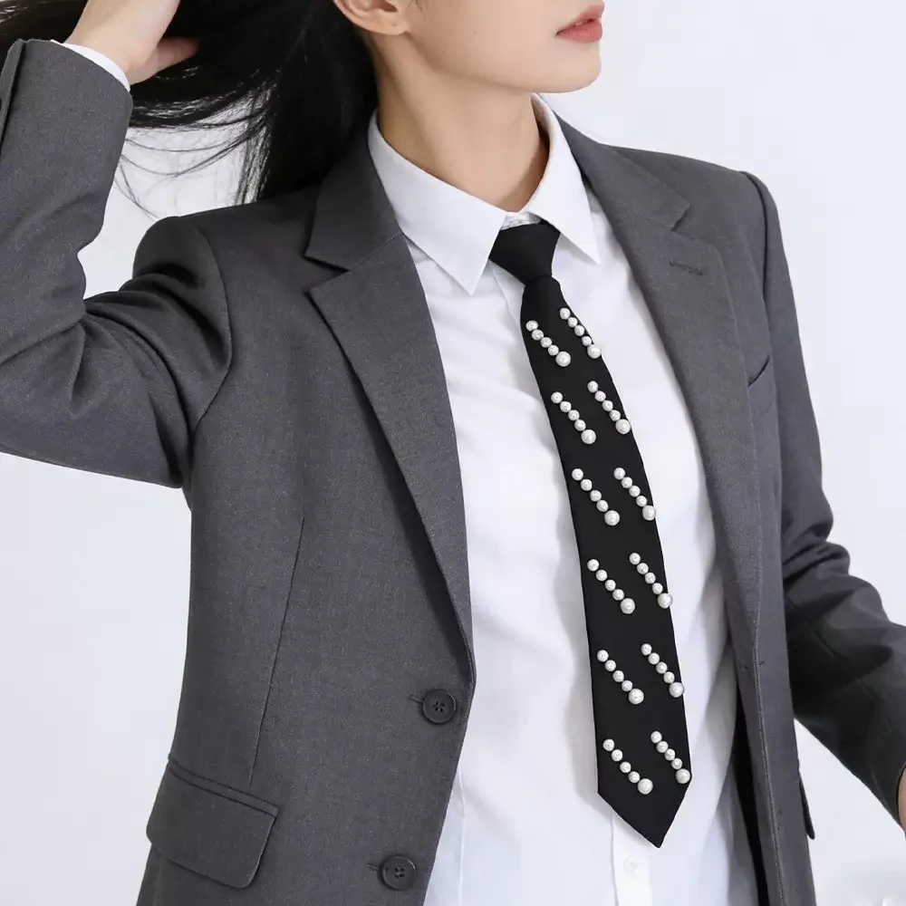 

Fashion Rhinestone Pearls Tie Korean Style Black Hand-beaded Long Necktie Academic Style Collares Decoration Shirt Tie