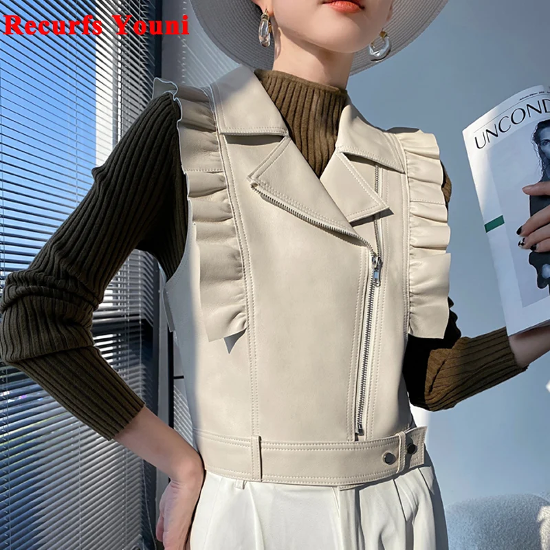 

White Clothing French Fashion 2022 Winter Women Vest Female Sleeveless Garment Thin Retro Ruffled Genuine Leather Gelit Casacas