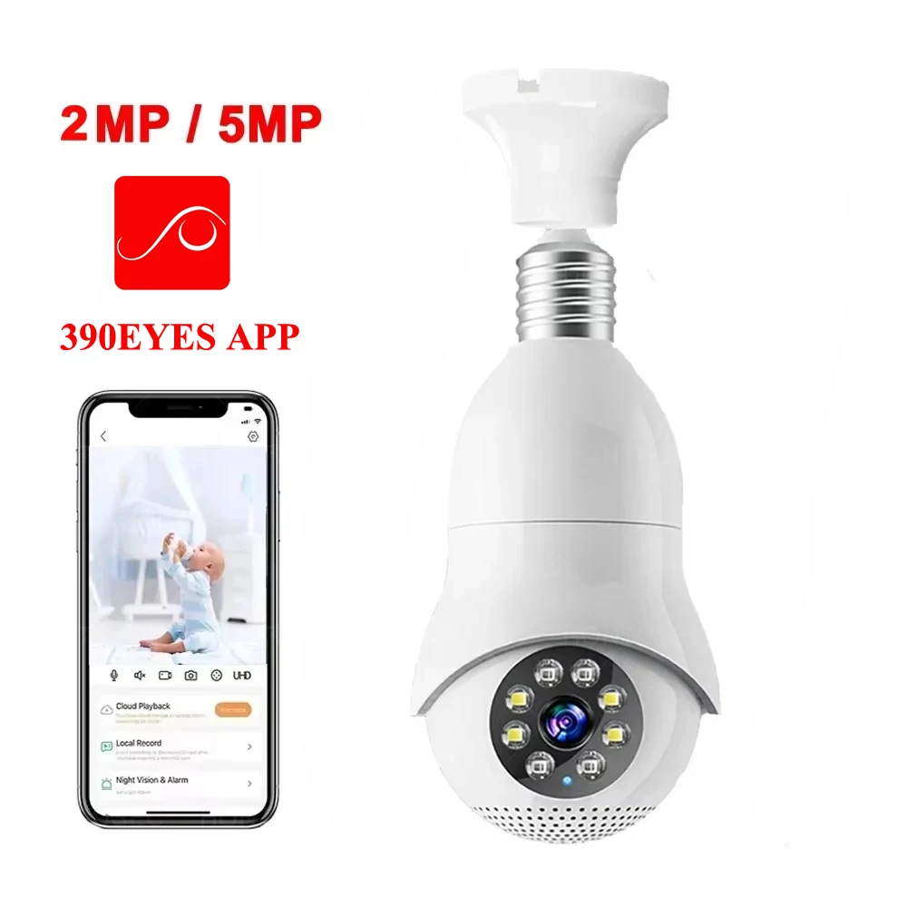 HONTUSEC 390EYES APP 5MP Wifi PTZ Bulb Camera Color Night Vision Surveillance Camera Two Way Audio Auto Tracking Baby Monitor