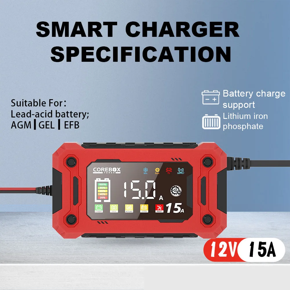 12V 15A Car Battery Charger With Power Recovery Function LED Digital Touch Screen Suitable For Automotive AGM GEL Batteries
