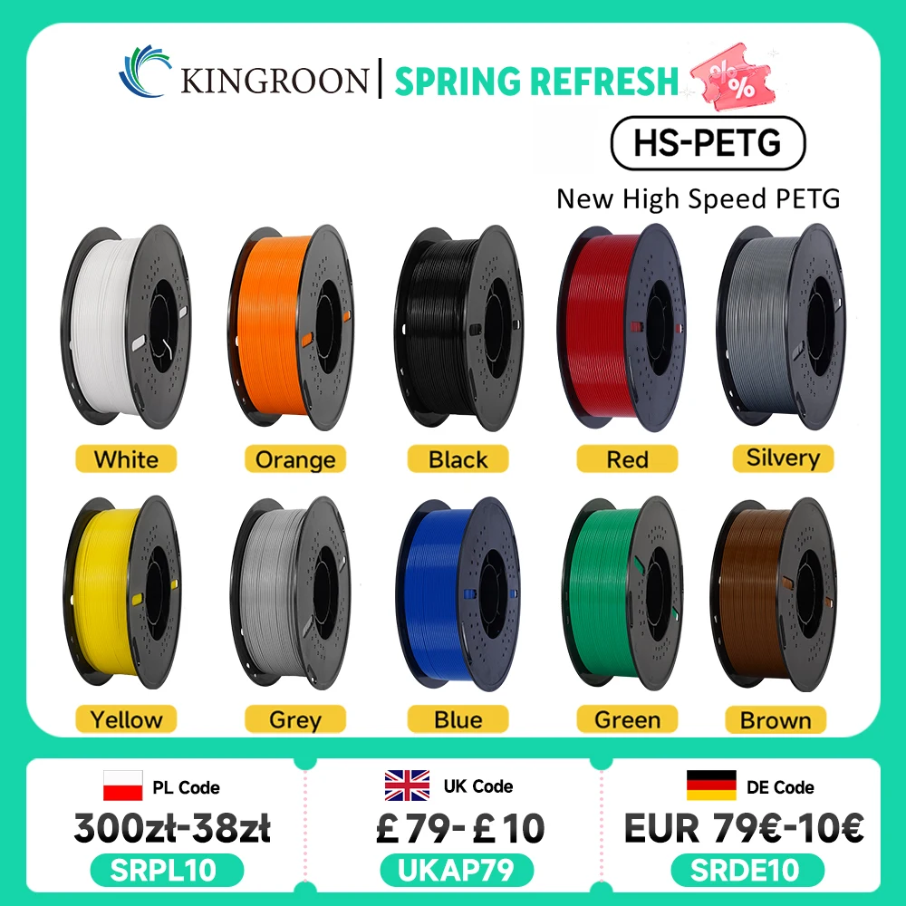 

KINGROON Newest HS-PETG 3D Printer Filament 1.75mm High Speed 3D Printinng Material Hyper PETG 5KG 10KG Mix Color