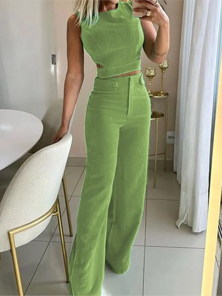 Summer Women Slim Two Piece Set Fashion Elegant Top Sleeveless Hollow Out High Waist Long Pants Suits Commuting Casual Solid Set