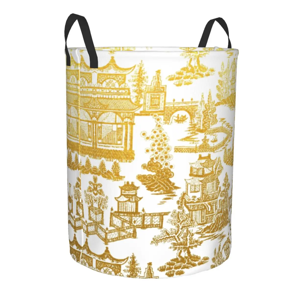 Custom Golden Pagoda Chinoiserie Laundry Basket Vintage Oriental Willow Pattern Clothes Hamper for Nursery Kids Toys Storage Bin