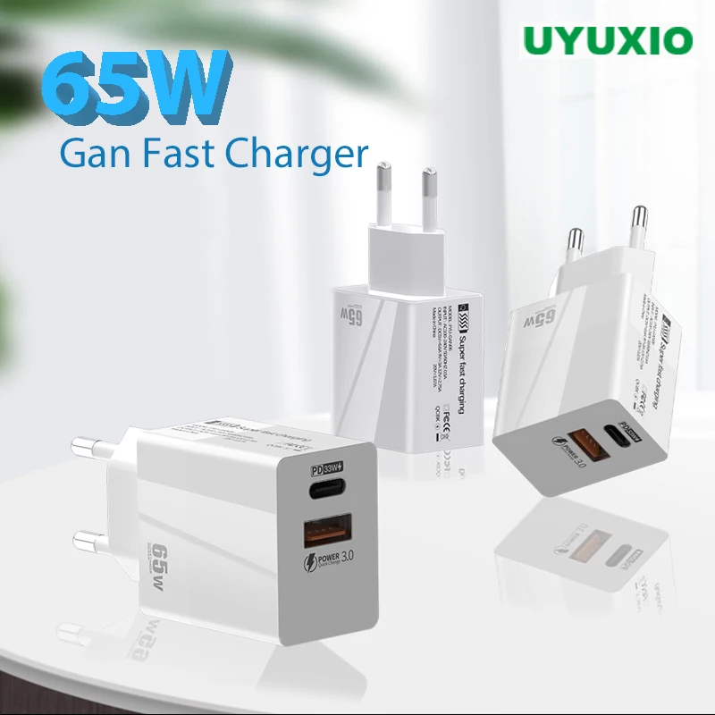 

UYUXIO 65W Phone Charger Wall Adapter 2 in 1 Gan Super Fast Charging for Macbook iPad iPhone 16 15 Pro Max Samsung All Phone