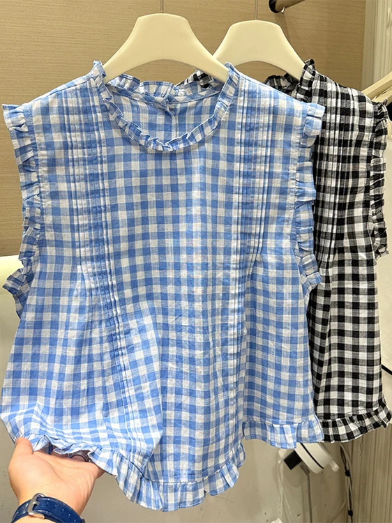 

Korean Sle Plaid Svel irt Women Summer Anti-Aging Fly Sve oulder Bared Slimming Versatile Top Commute Sle ...