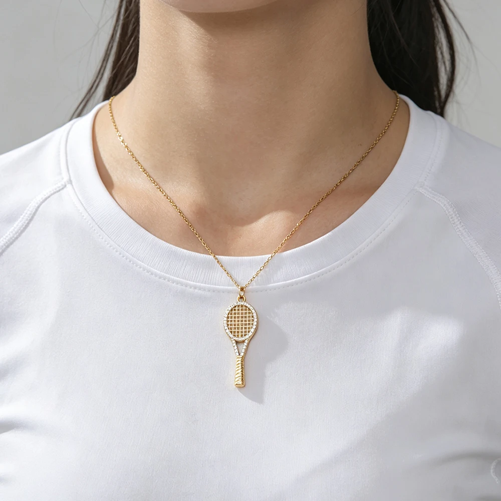 Tennis Racket Pendant Necklace Inlaid Zircon Sports Tennis 18K Gold Plated Stainless Steel Sport Jewelry Gift for Tennis Lovers