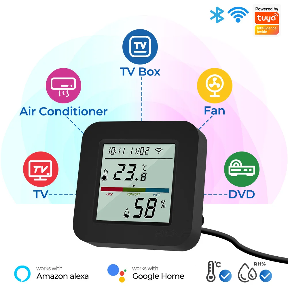 Tuya-Sensor inteligente de temperatura y humedad para el hogar, higrómetro con Control remoto Universal, infrarrojo IR, 3 en 1, WIFI, LCD