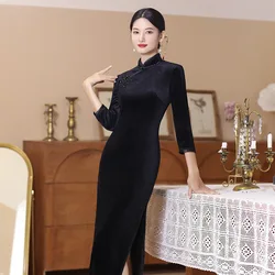 Autumn Winter Black Velvet Cheongsam Fashion Long Retro Style Dress Elegant Wedding Party Costumes Qipao M To 5XL