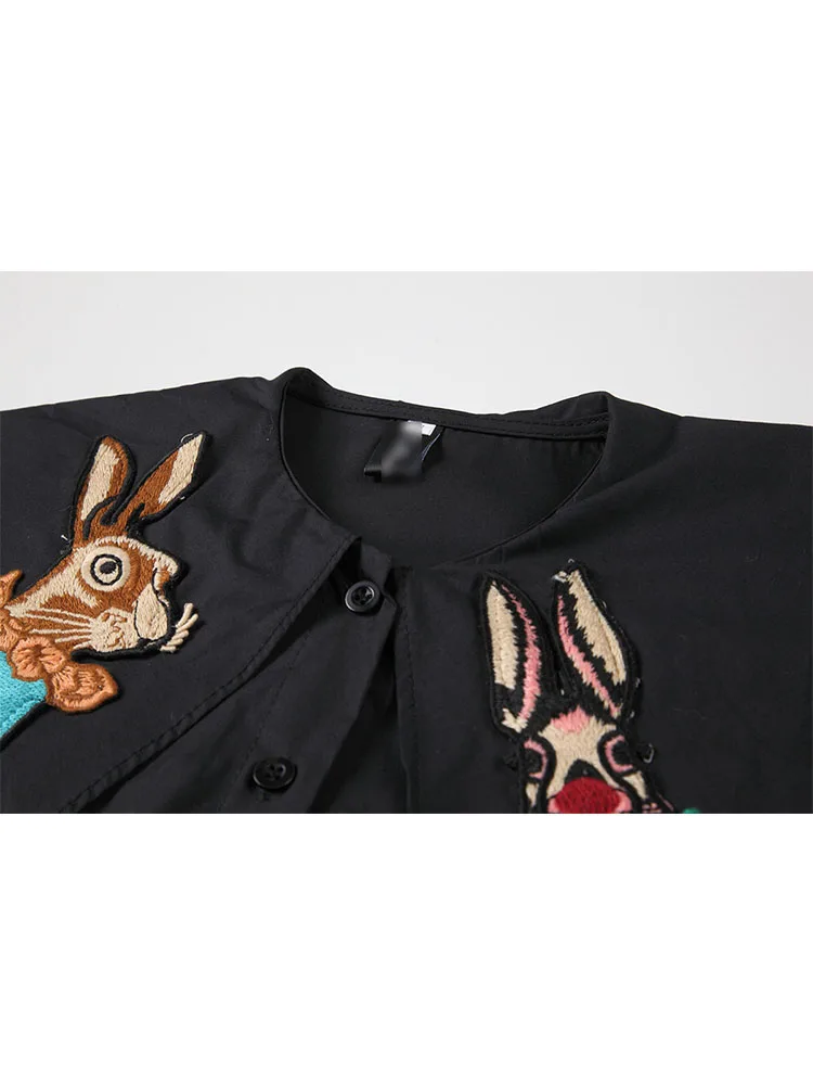 Vintage Shirt Women Black 2022 Spring Long Sleeve Casual Oversized Streetwear Sweet Cute Rabbit Print Blouse Fashion Female Tops