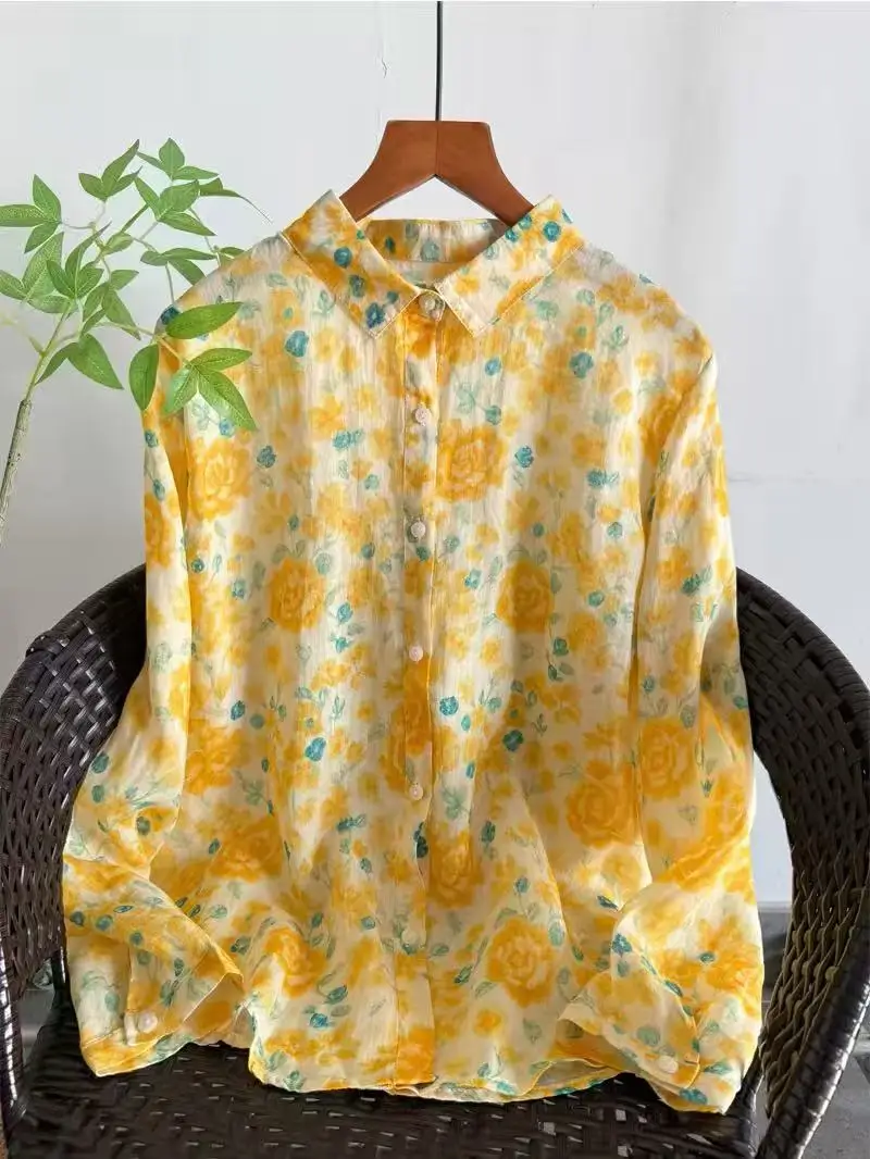 

Women's clothing trend 2026 pure ramie yellow floral printed shirts and blouses for women spring romantic ramie long sleeve tops